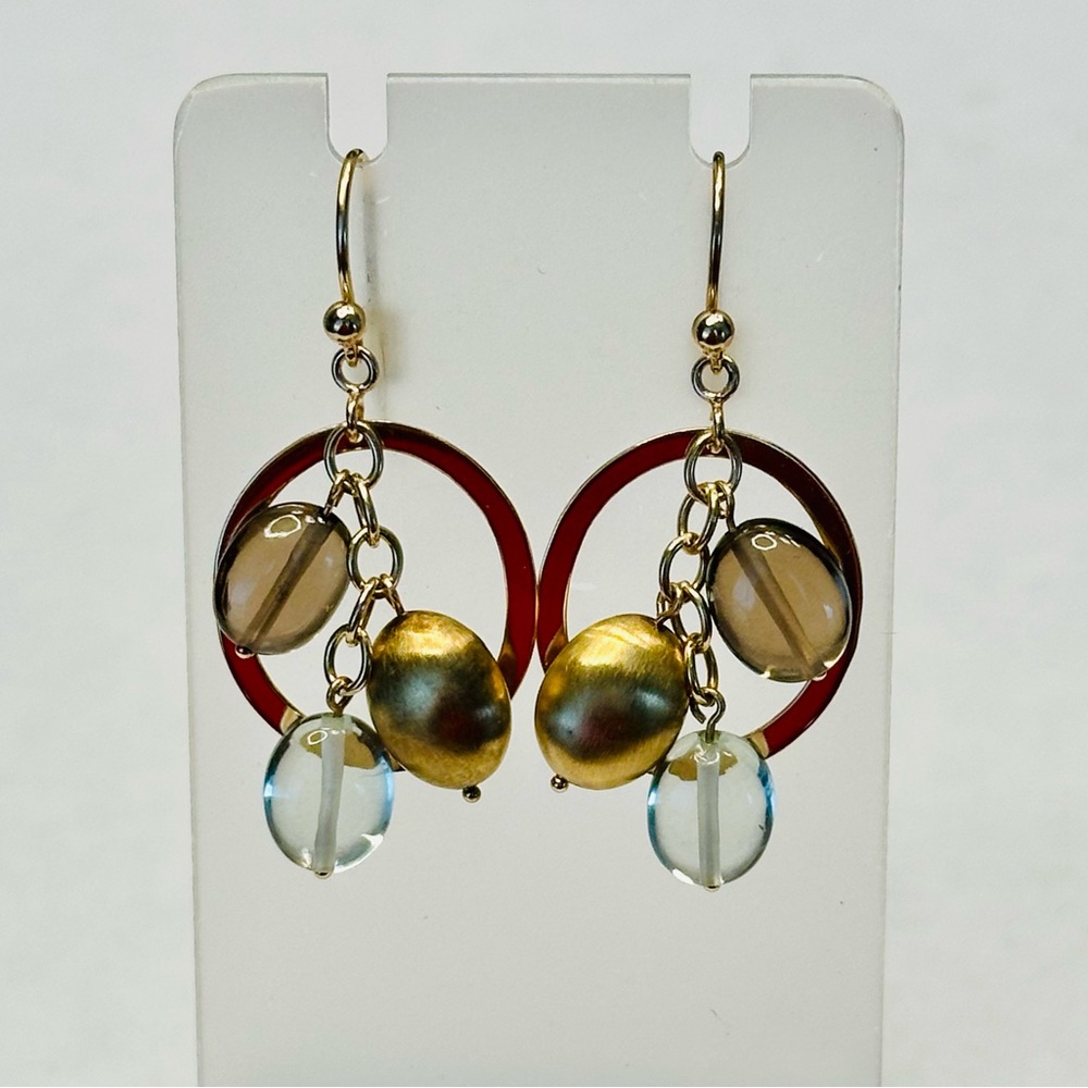 14k Gold Aquamarine & Smoky Topaz Dangle Drop Hoop Earrings 1 3/4"